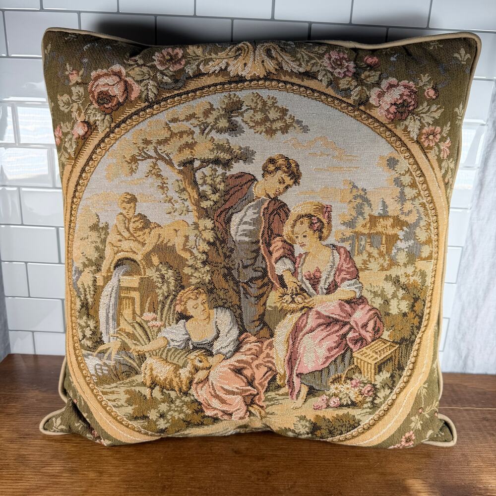 Vintage French Country Tapestry Courting Scene Throw Pillow 17x17